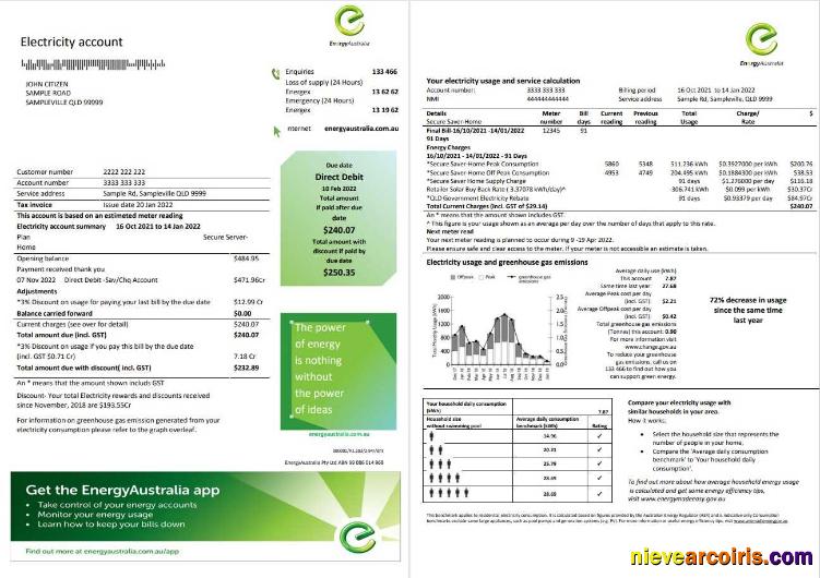 Australia Energy Australia electricity utility bill 3 pages 1 2